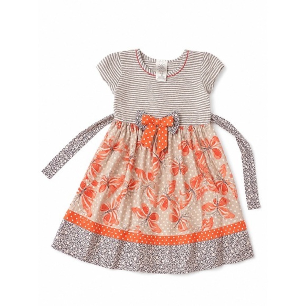 Iris & Ivy Girls 4T Butterfly Stripe Mixed Media Dress Grey Orange R29475-DS